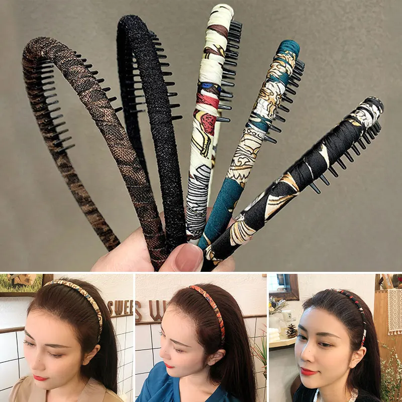 New Fashion Non-Slip Hair Hoops for Women Girls Hair Band With Teeth Comb Headband Retro Fabric Hairband Accessories