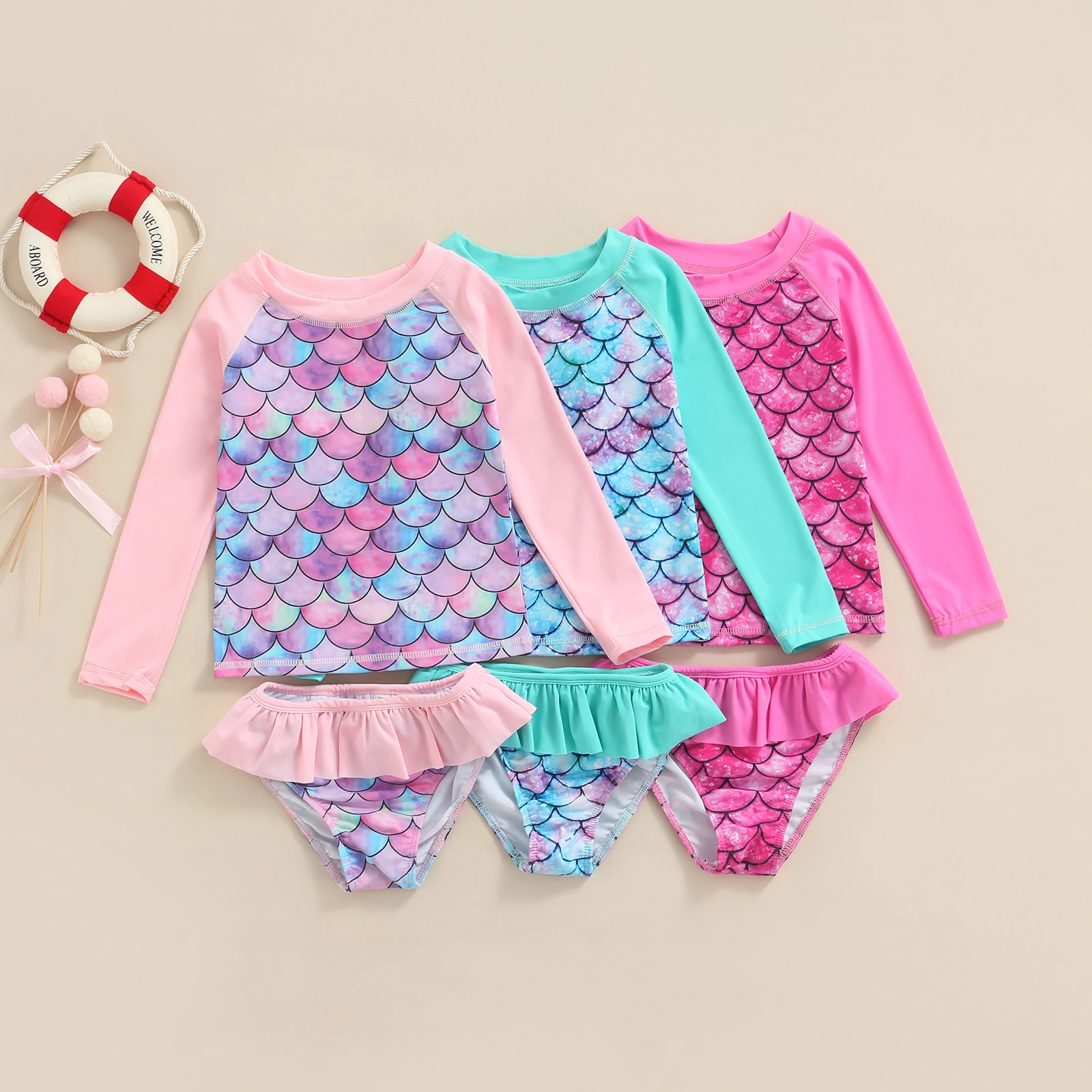 49y Kids Girls Bikini Sets Baby Swimwear Long Sleeve Mermaid Print Ruffle Swimsuits Children