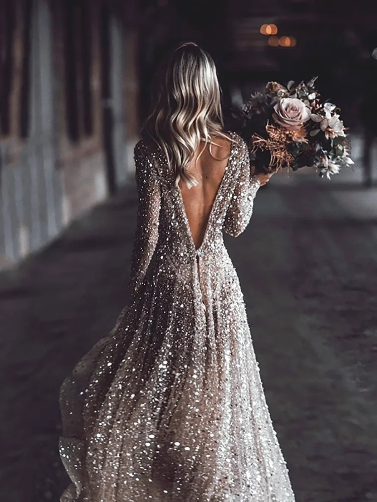 Robe De Mariee, Длинные свадебные платья с рукавами,, блестящее платье невесты с блестками, свадебное платье, ТРАПЕЦИЕВИДНОЕ богемное платье, Vestido De Noiva