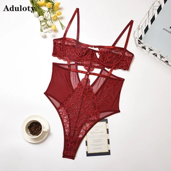 

New women's lace embroidered Teddy bodysuit mesh see-through sexy hollow underwear underwire gathered bra thong sexy lingerie