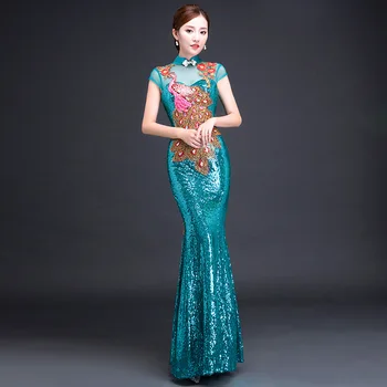 

Green Womens Wedding Party Dress Long Chinese Cheongsam Elegant Prom Dress Maxi Qipao Peacock Ball Gown Retro Vestido S-XXXL