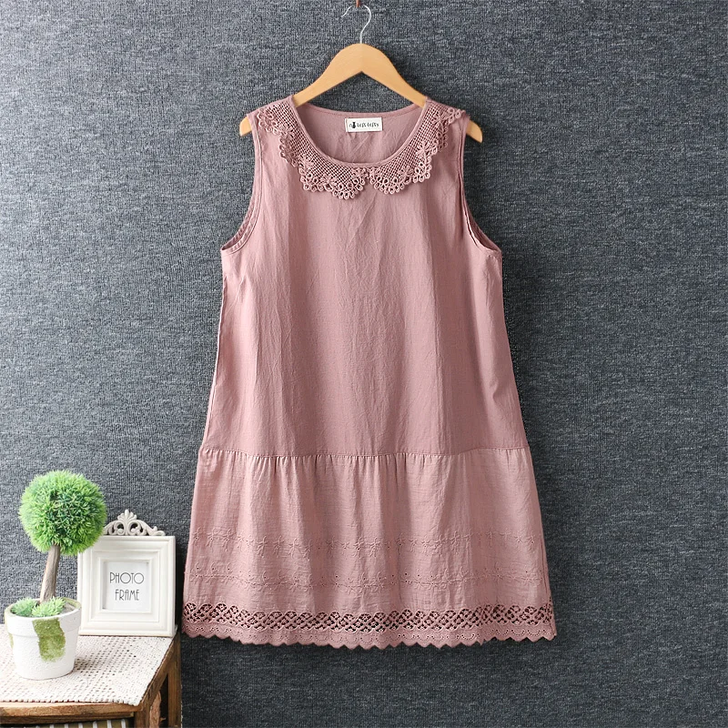 Pink Mori Girl летнее женское платье с цветочным узором, отложной воротник, хлопок, вышивка, свободная талия, Повседневное платье миди без рукавов - Цвет: Pink