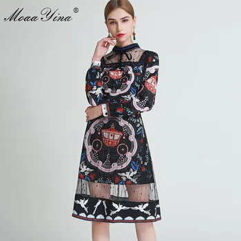 

MoaaYina Fashion Designer dress Spring Women's Dress Long sleeve Print Gold Line Patchwork Mesh Black Elegant Dresses
