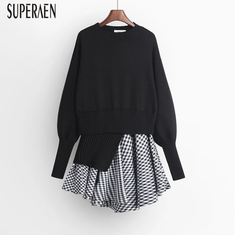 

SuperAen 2019 Autumn Korean Style Pullovers Sweaters Women New Fake Two Pieces Wild Ladies Sweaters Fashion Casual Women Clothes
