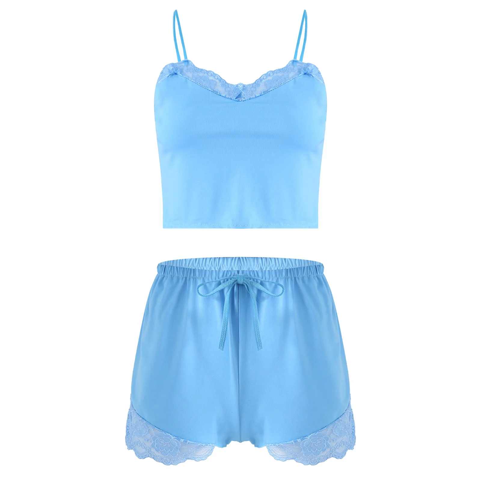 Womens V-Neck Sleeveless Pajamas Set Lace Cami Set with Short Pants Sleepwear PJ Set Nightwear