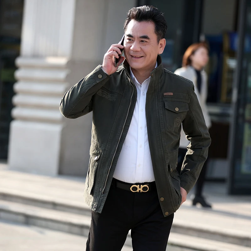 

Spring Autumn Casual Jacket Men Army Green Khaki Cotton Coat Stand Collar Multi-pocket Design Outerwear For Man Costume Clothes