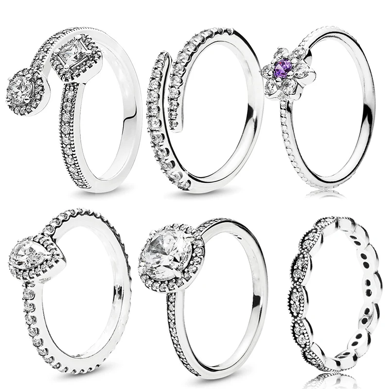 

6 Styles Silver Water Droplets Fine Finger Ring with Clear CZ Rings for Women Wedding Original Jewelry Female Wedding Gifts