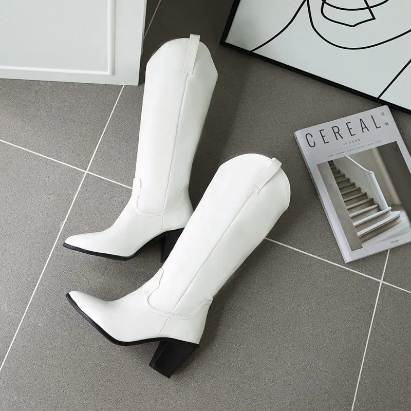 ASUMER Plus size microfiber leather women boots pointed toe western cowboy boots women mid-calf thick high heels ladies boots