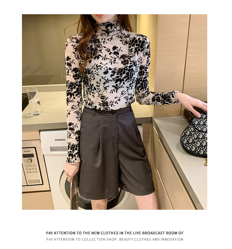 Korean Fashion Mesh Women Blouses Office Lady Shirt and Blouse Long Sleeve Floral Blusas Largas Loose Womens Sexy Tops