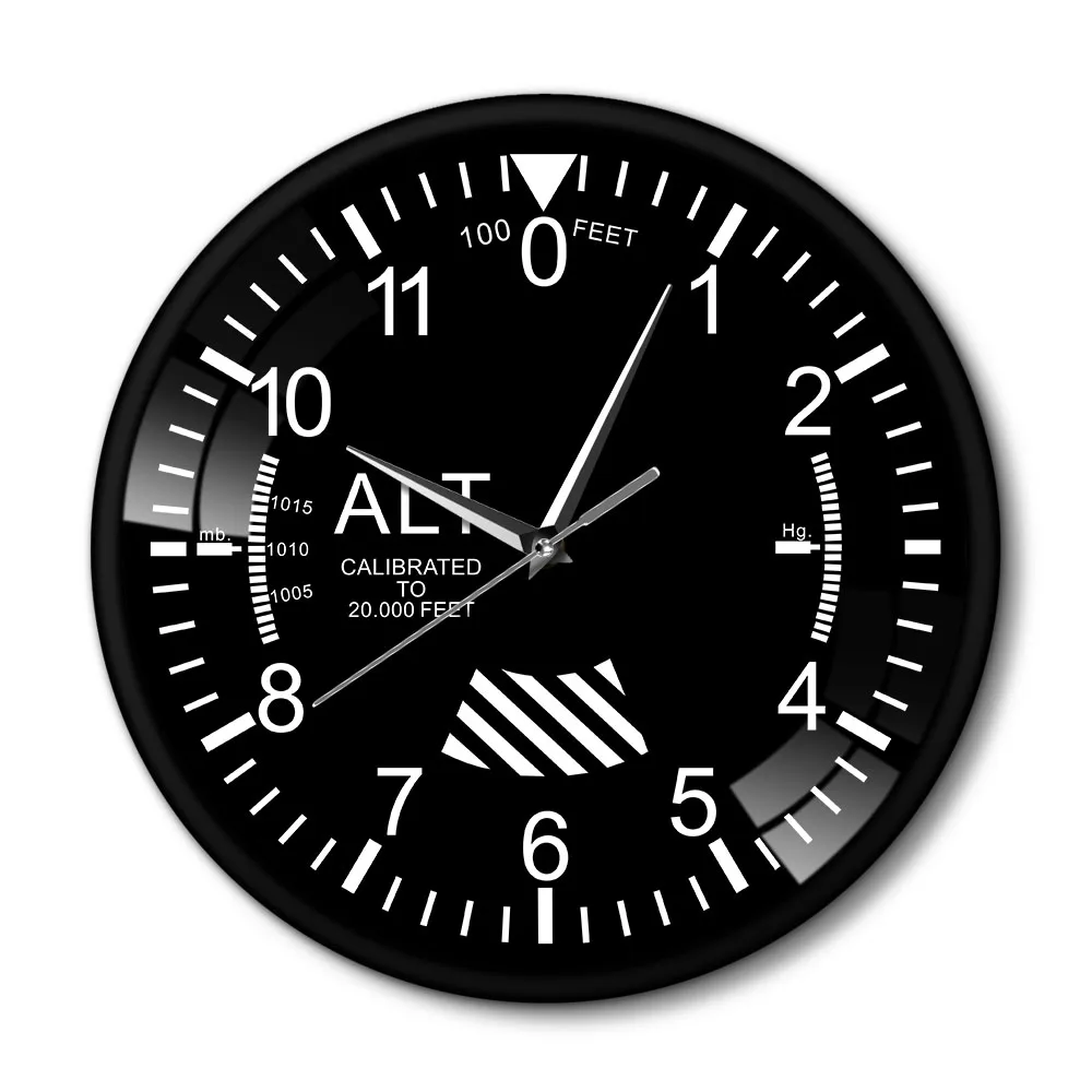 Black Altimeter Round Wall Clock remote control Metal Frame  