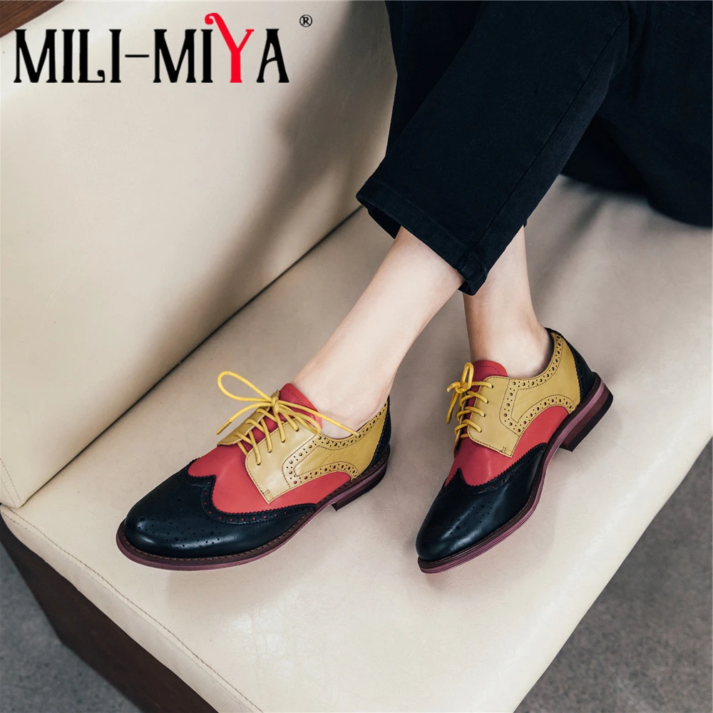 

MILI-MIYA Classic Design Women Brogue Full Genuine Leather Lace-Up Mixed Color Square Heels Round Toe Spring/Autumn Pumps