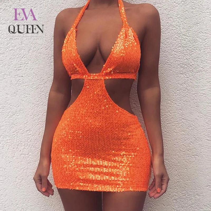 Женское платье с блестками EvaQueen оранжевое Клубное вырезом на шее и открытой