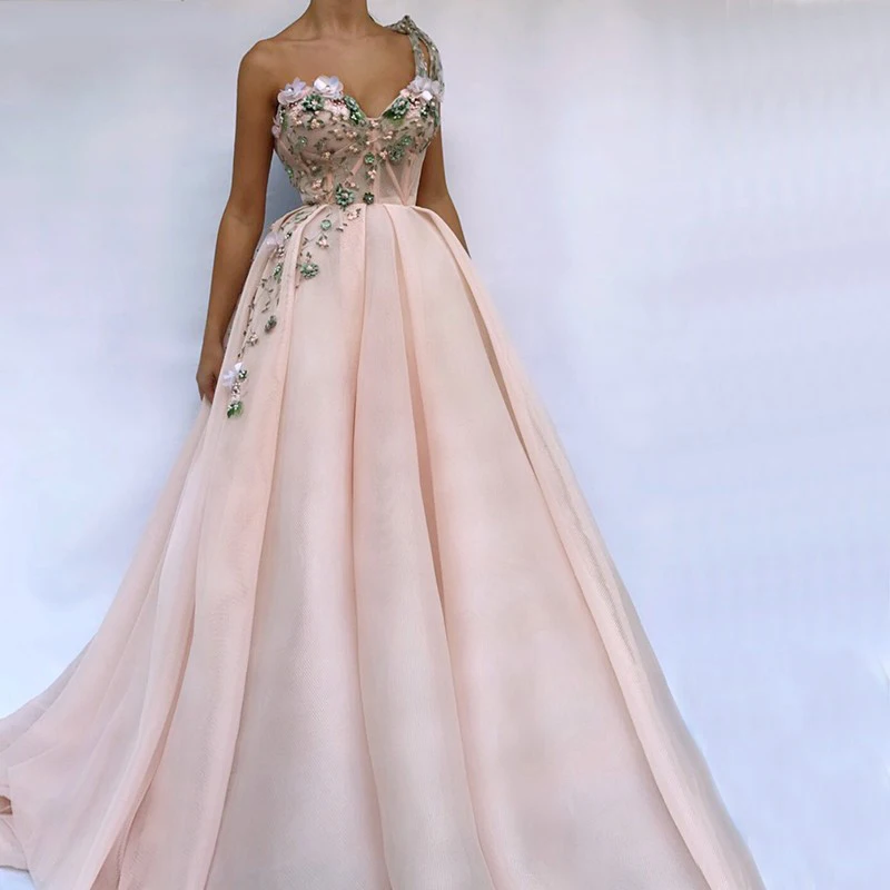 Pink Evening Dresses 2019 One Shoulder Handmade 3D Flowers Party Long Formal Dress A-Line Tulle Prom Gown Robe De Soiree | Свадьбы и