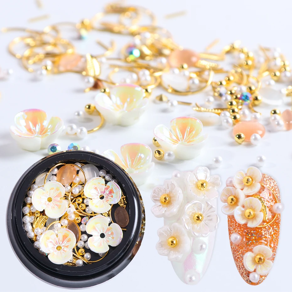 1 Box Flower Rhinestones Mixed Metal Nail Art Decoration Charms Pearl Bead Manicure Natural Shell Handmade Gem Accessories TR123