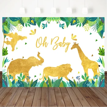 

Wild One Baby Shower Backdrop Green Leaf Golden Animal Photography Background Oh Baby Party Decoration Banner Backdrops