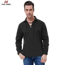 PAUL JONES Herren Langarm Pirate Renaissance T-Shirts Spitze Up Schottischen Jacobite Ghillie Tops Revers Kragen Pirate Kostüm Shirt(China)