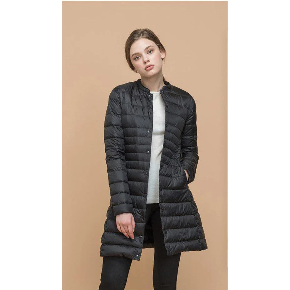 ZOGAA женское весеннее теплое Стеганое пальто ультра легкий удлиненный верхний жакет на утином пуху тонкие однотонные куртки лёгкие парки куртка - Цвет: Черный