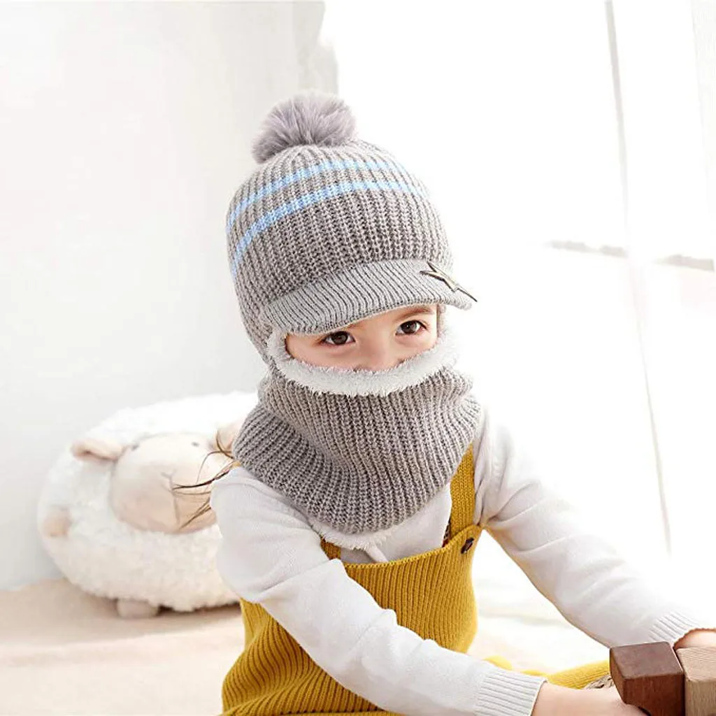 Детская шапка с помпоном для маленьких мальчиков и девочек, детские зимние теплые вязаные шарфы, шапки с черепом и шарфом для детей 2-8 лет