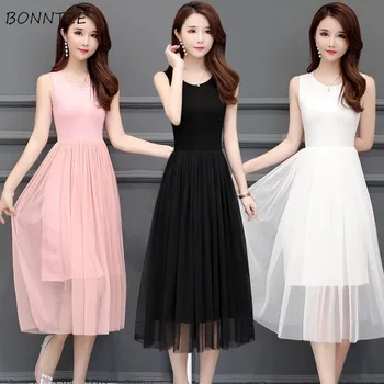 

Dress Women Solid Sleeveless Pleated Mesh Ulzzang Lovely Large Size Elegant Slim Tunic Summer Womens All-match Student Bottoming