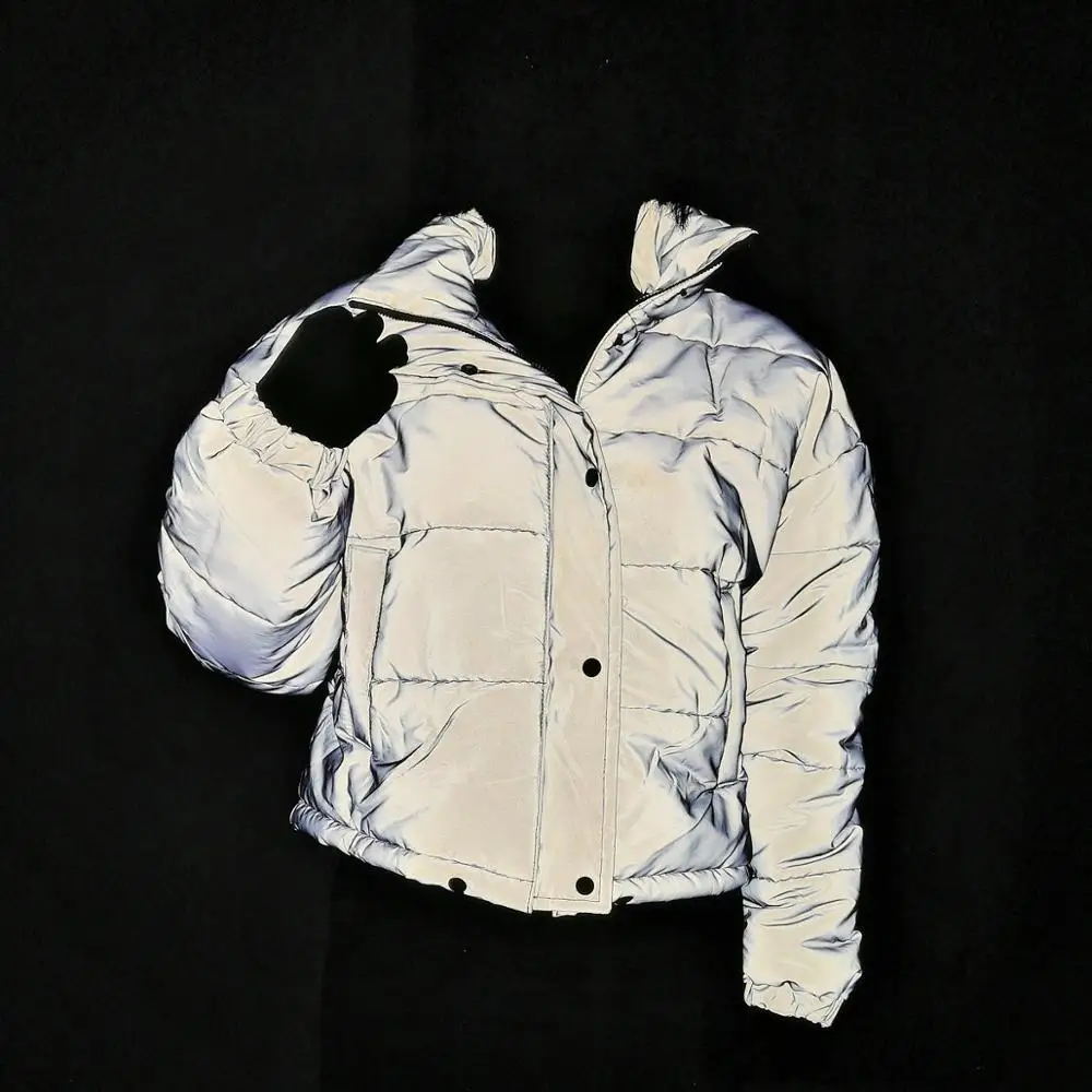 

Flash Light Reflective Women Padded Jacket Short Tops Warm Winter Night Clothes Solid Zipper Oversize Loose Outwear Coats Casual