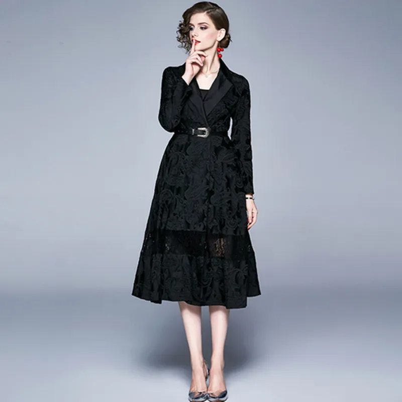 Черная жаккардовая ветровка осень новая модель женское старинное пальто модное двубортное ветровка