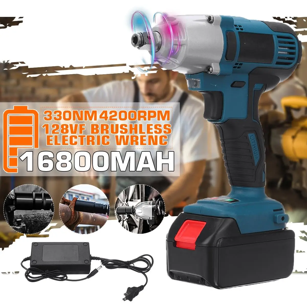 128VF 330N. m 4200 об/мин Электрический ударный ключ беспроводной ключ дрель отвертка 110-240 В 16800 мАч светодиодный аккумулятор электроинструмент