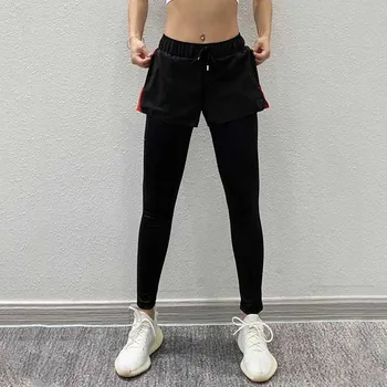 

NORMOV Fitness Women Pants High Elastic Waist Drawstring Pockets Spandex Trousers Casual Solid Fake Two Pieces Pants