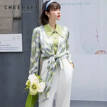 

CHEERART Tulip Floral Green Korean Blouse Women Puff Sleeve Top Long Sleeve Ladies Blouse Button Up Shirt Casual Fall 2020 Women