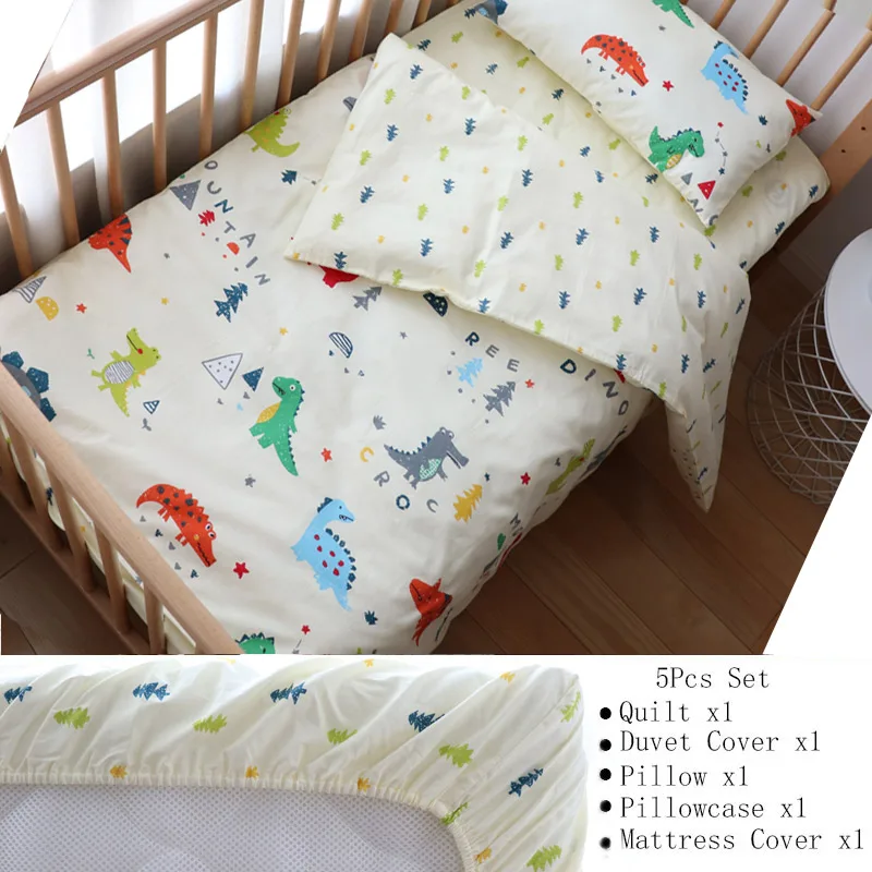 Dinosaur 5Pcs Cover Baby Bedding Set For Boy Girl Nordic Cotton Baby Bed Linen For Newborns Kids Crib Bedding With Bumper Cot Kit Allow Custom Size - Цвет: Dinosaur 5Pcs Cover