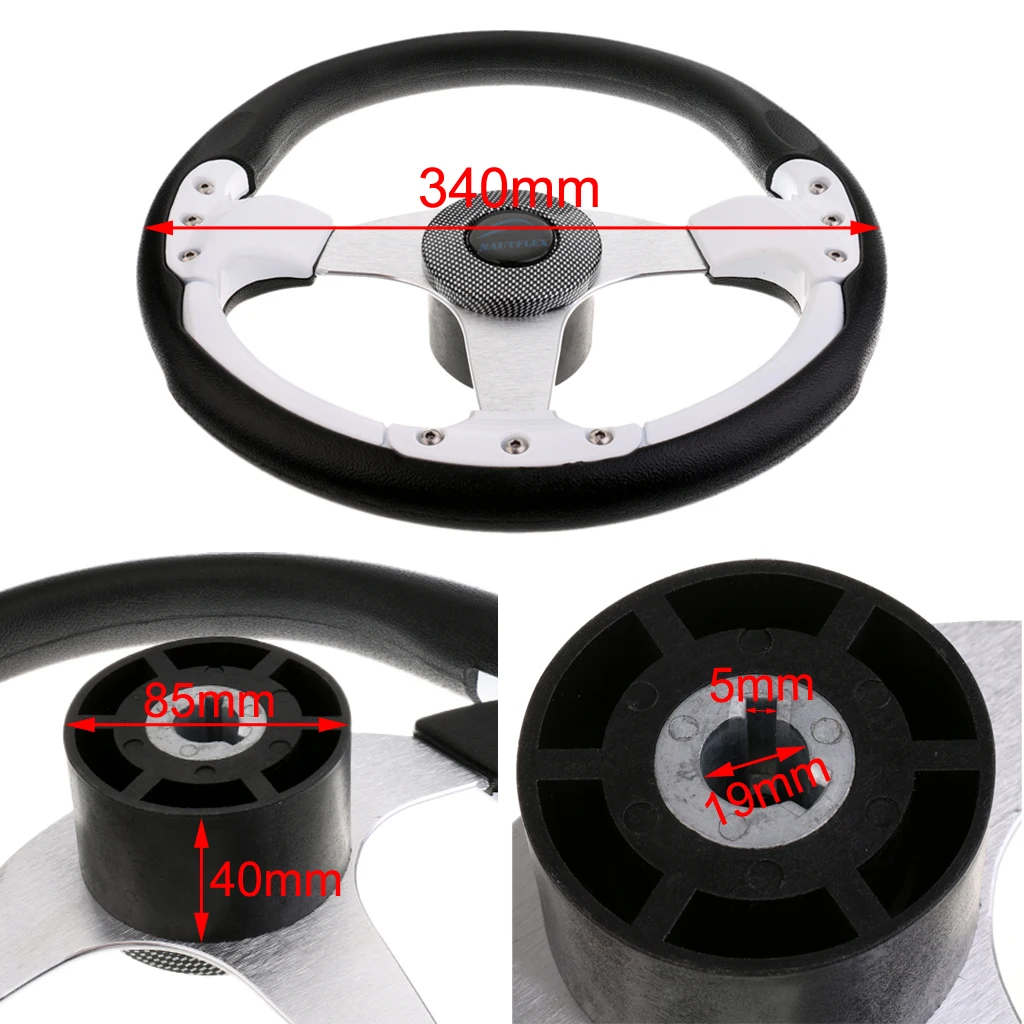 3 Spoke Boat Steering Wheel 13.5inch/340mm Dia with Center Cap, Aluminum Alloy, White Black