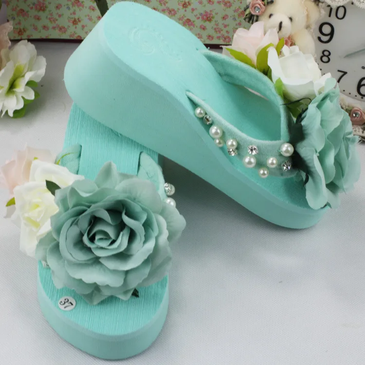 

Mint Green! Hipster Origional Handmade Flower Full of Crystals Rough Stone Accessories WOMEN'S Slippers Flip-flops Platform Shoe