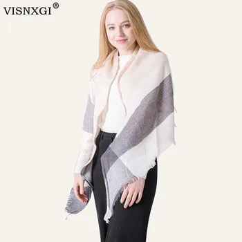 

VISNXGI Knitted Spring Winter Women Scarf Plaid Warm Cashmere Scarves Shawls Brand Neck Bandana Pashmina Wrap Cotton Scarves
