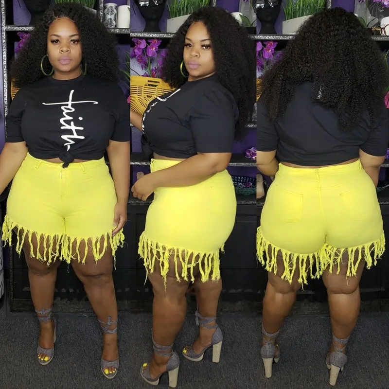 Большие размеры 4XL 5XL повседневные винтажные шорты с кисточками женские эластичные шорты с высокой талией Летние уличные неоновые желтые байкерские шорты
