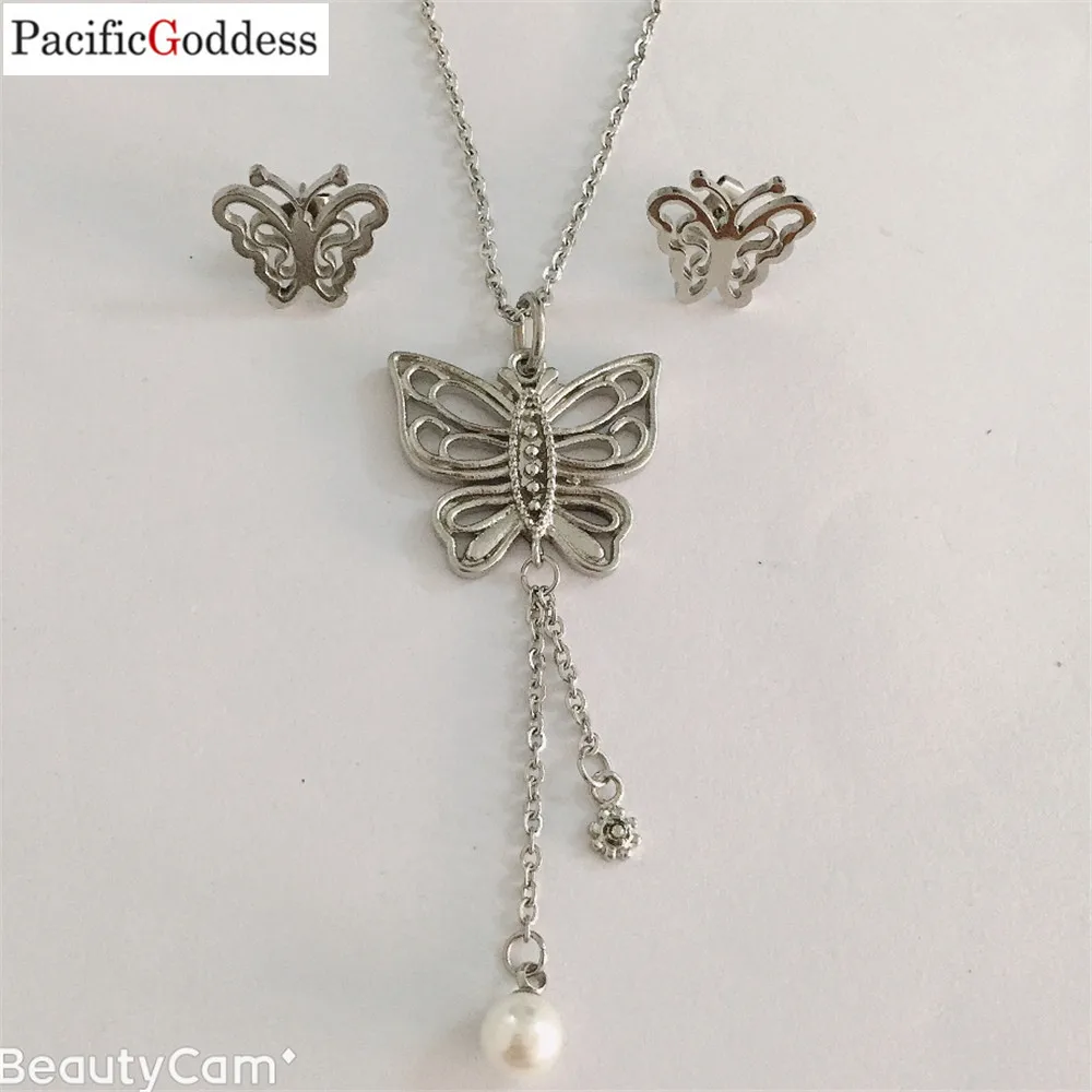 

very nice long necklace trendy earrings stainless steel jewelry set butterfly sharp