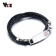 Vnox гравировка Нержавеющая сталь с Черный кожаный Спецодежда медицинская браслет таможенного ювелирные