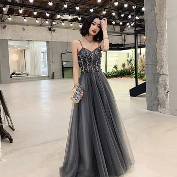 

Sexy Spaghetti Straps Evening Dresses Beaded Crystals Long Tulle Dark Grey Prom Party Gowns Floor Length Maid of Honor