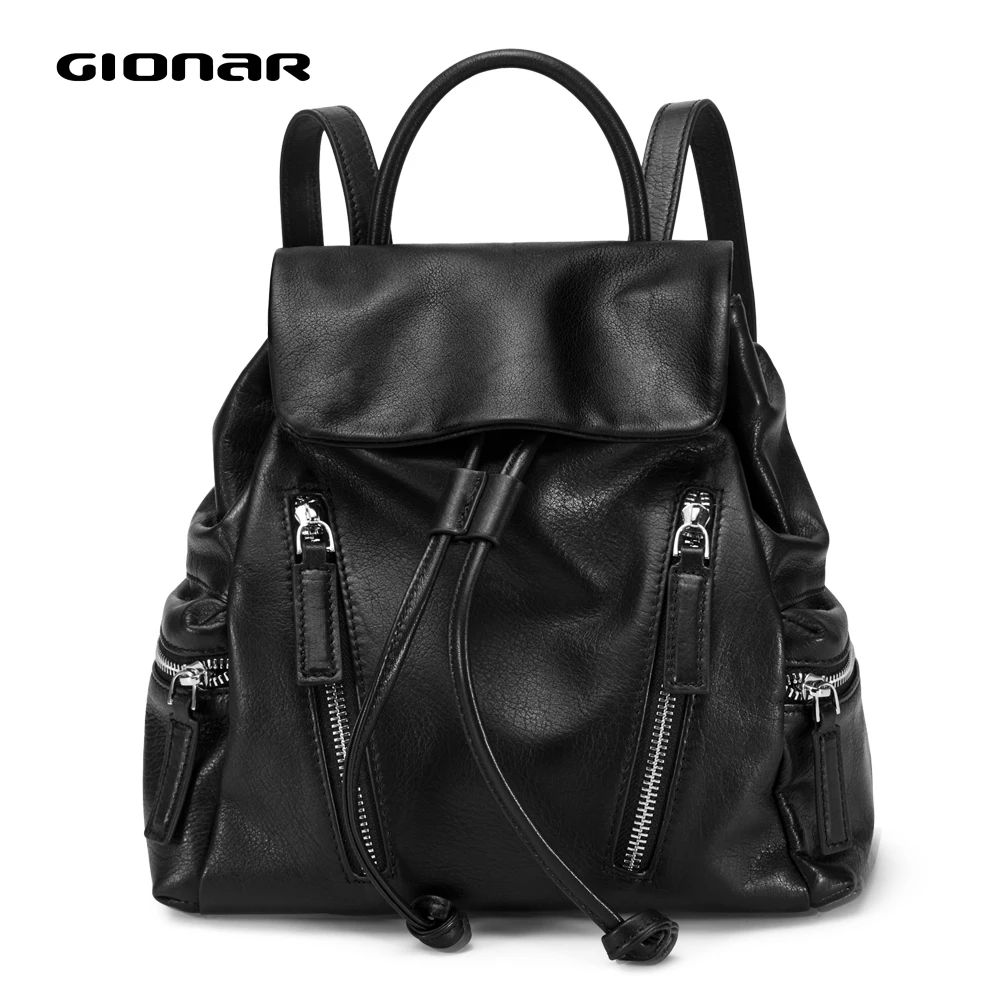 

GIONAR Genuine Cow Top Layer Leather Women's Backpack Black Luxury Brand 2019 Female Bag bts School Backpack for Teenage Girls