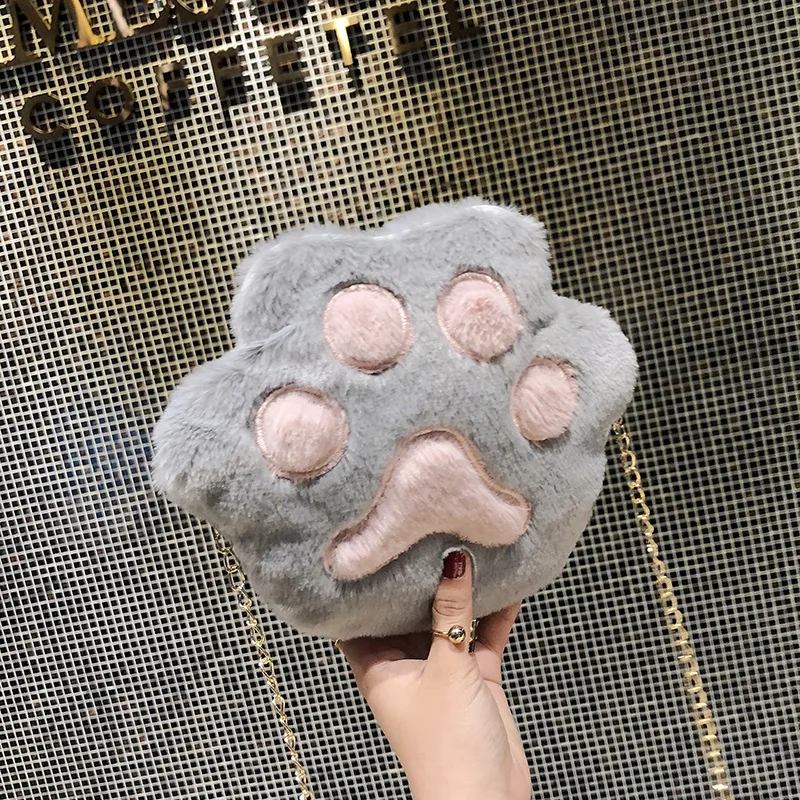 

2019 New cute plush cat's paw bag with chain inclined shoulder lady bag crossbody bags for women