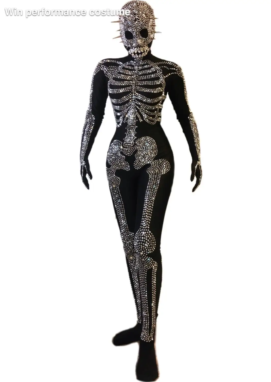 Halloween Outfit Bodysuit Singer Party Show Shining Wear Stage Rhinestone Costume Cosplay Adult Scary Skeleton Print