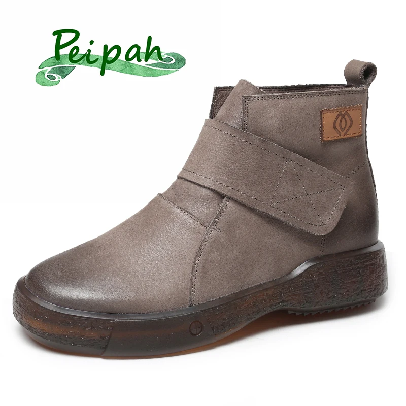 

PEIPAH Genuine Leather Woman Ankle Flat Boots Retro Shoes Autumn Women Platform Boots Basic Round Toe Female Hook & Loop Shoes