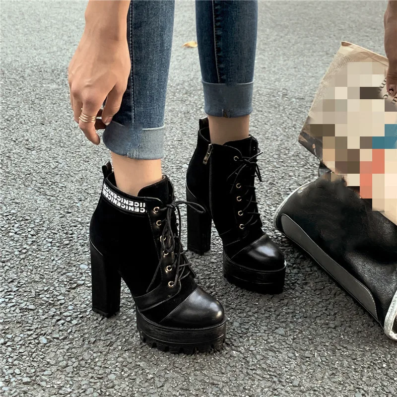 

Lace Up Letter Desin Motorcycle Black Boots Patchwork Hih Heel Womens Boots Ankle Cross Tied Platfor Gothic Punk Shoes