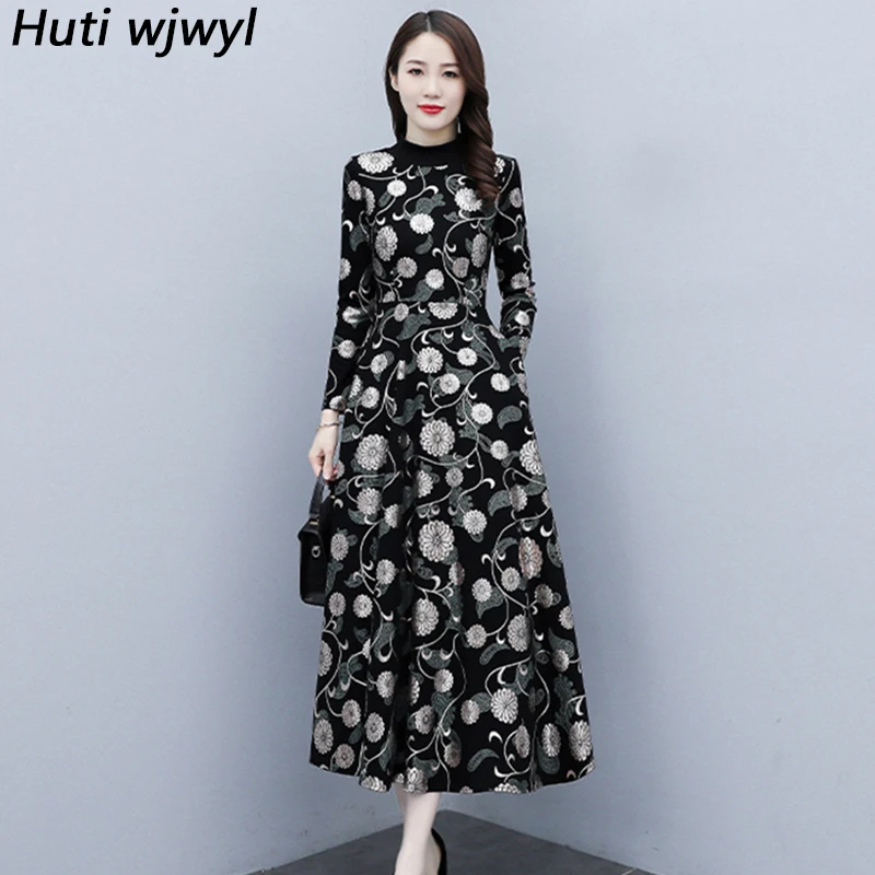 Autumn Winter Knitted Thick Warm Dress Women Black Floral Vintage