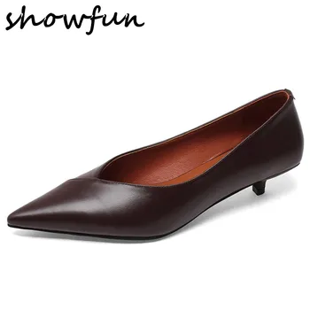 

Women's genuine leather kitten heel pointed toe slip-on pumps elegant ladies low heel comfortable OL style dress shoes 33-40 hot