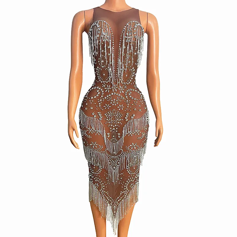 

Sparkly Silver Rhinestone Fringe Transparent Mesh Dress Evening Birthday Celebrate Outfit Women Dancer Party Show Dress