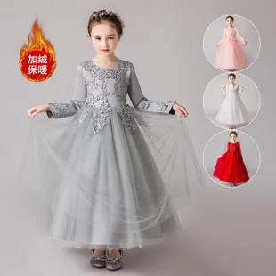 Осенне-зимняя юбка принцессы для девочек, торжественное платье красного цвета с длинными рукавами, детская одежда, шифоновая юбка для девочек