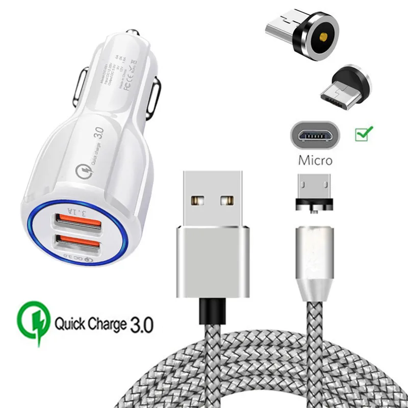 QC 3,0 быстрое автомобильное зарядное устройство магнитный Micro USB кабель для samsung galaxy A7 A10 Honor 8X 7A htc One M9 Desire 12 Android телефон - Тип штекера: charger and cable