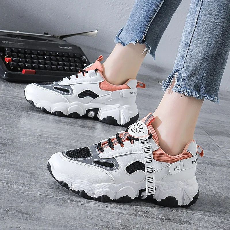 Spring Korean Platform Sneakers Women Shoes Thick Sole Dad Chunky Sneakers Leather Breathable Casual Vulcanize Shoes Woman 2021