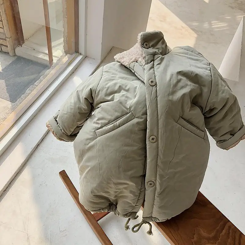 3104 г. Новые корейские зимние длинные куртки с хлопковой подкладкой для мальчиков и девочек, парки, пальто длинное пальто для детей, Детское пальто из овечьей шерсти - Цвет: Армейский зеленый