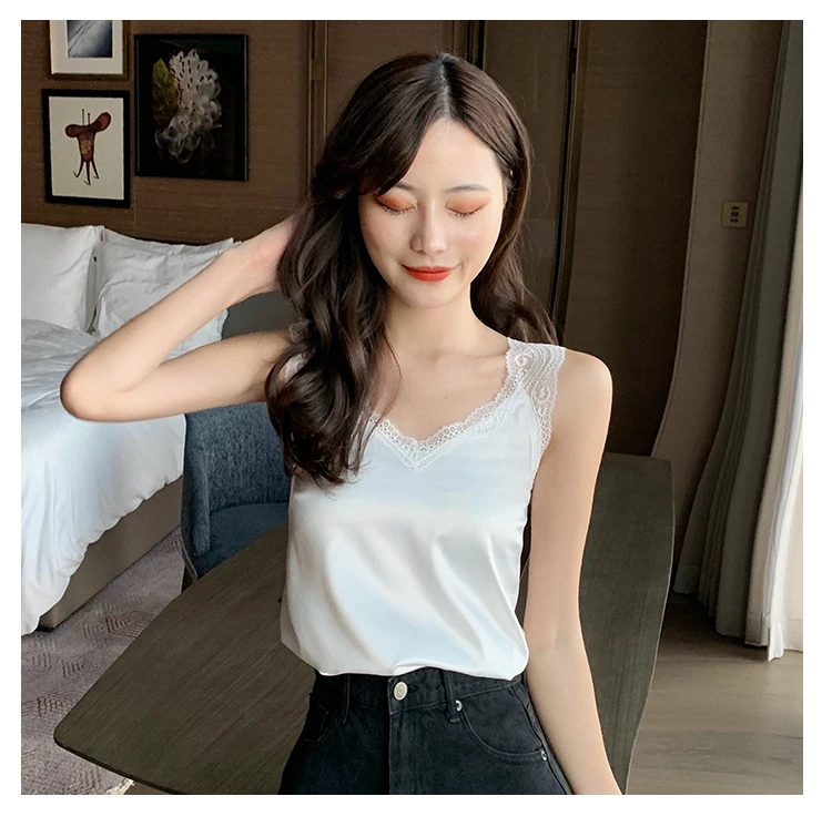 New Black Lace Backless Camisole Satin Silk Summer Tops 2022 Tank Top Women Clothes White Cami Vest Woman Plus Size Haut Femme white camisole