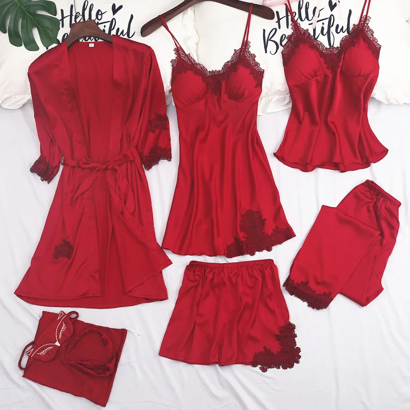 Женский комплект из 7 предметов: топ на бретелях, штаны, пижама комплекты одежды для сна, весна-осень, домашняя ночная рубашка, кимоно, Халат